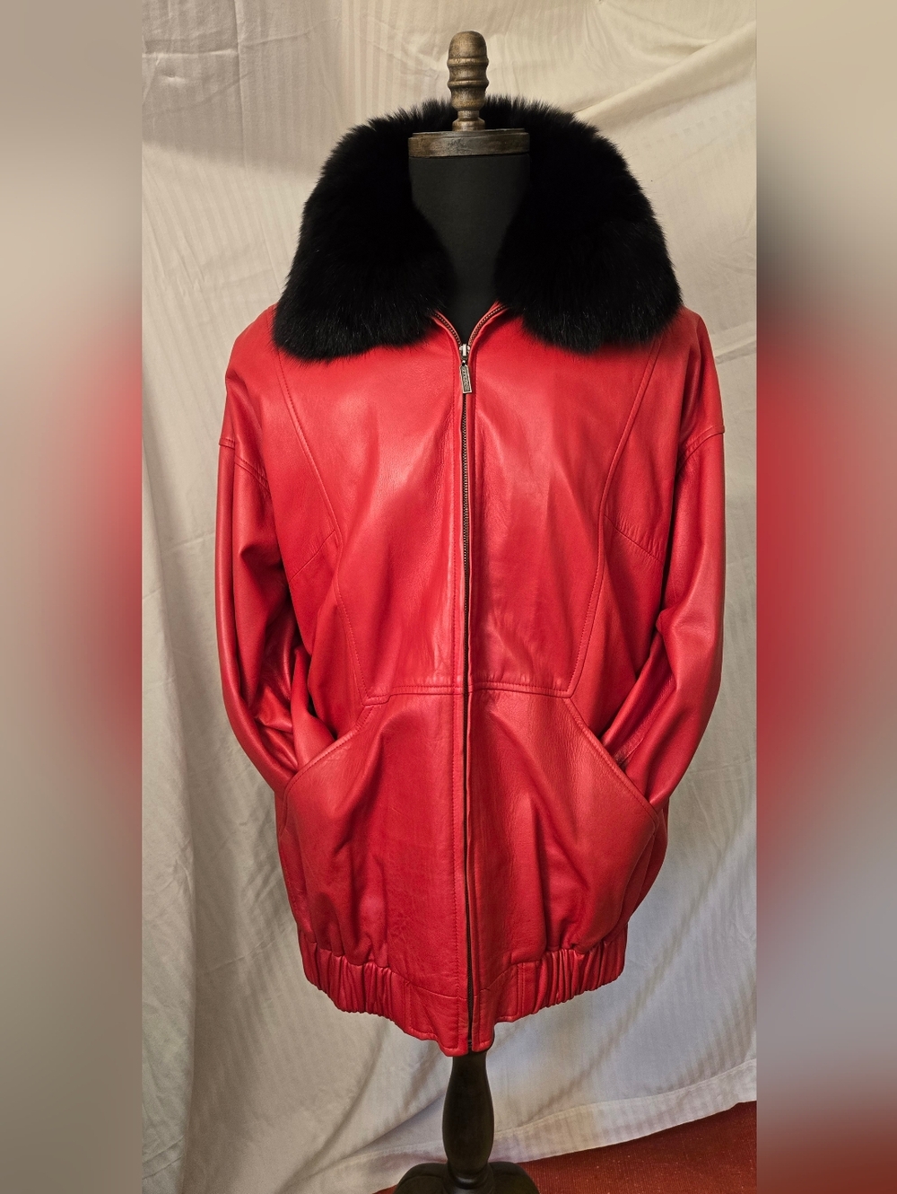 Unisex Red Leather Jacket with Removable Black Fur Collar...